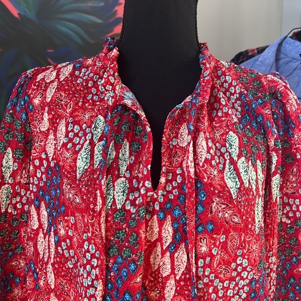 LOFT - MULTI-COLOR TIE NECK RUFFLE COLLAR BLOUSE - SIZE M - Picture 4 of 6